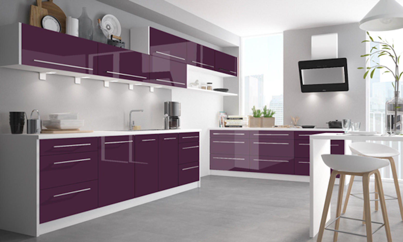 WINKELKÜCHE Brerra Cdb purpurviolett lackiert / weiß matt 13-teilig - Violett/Weiß, Holzwerkstoff (490/168/50cm) - Feldmann-Wohnen