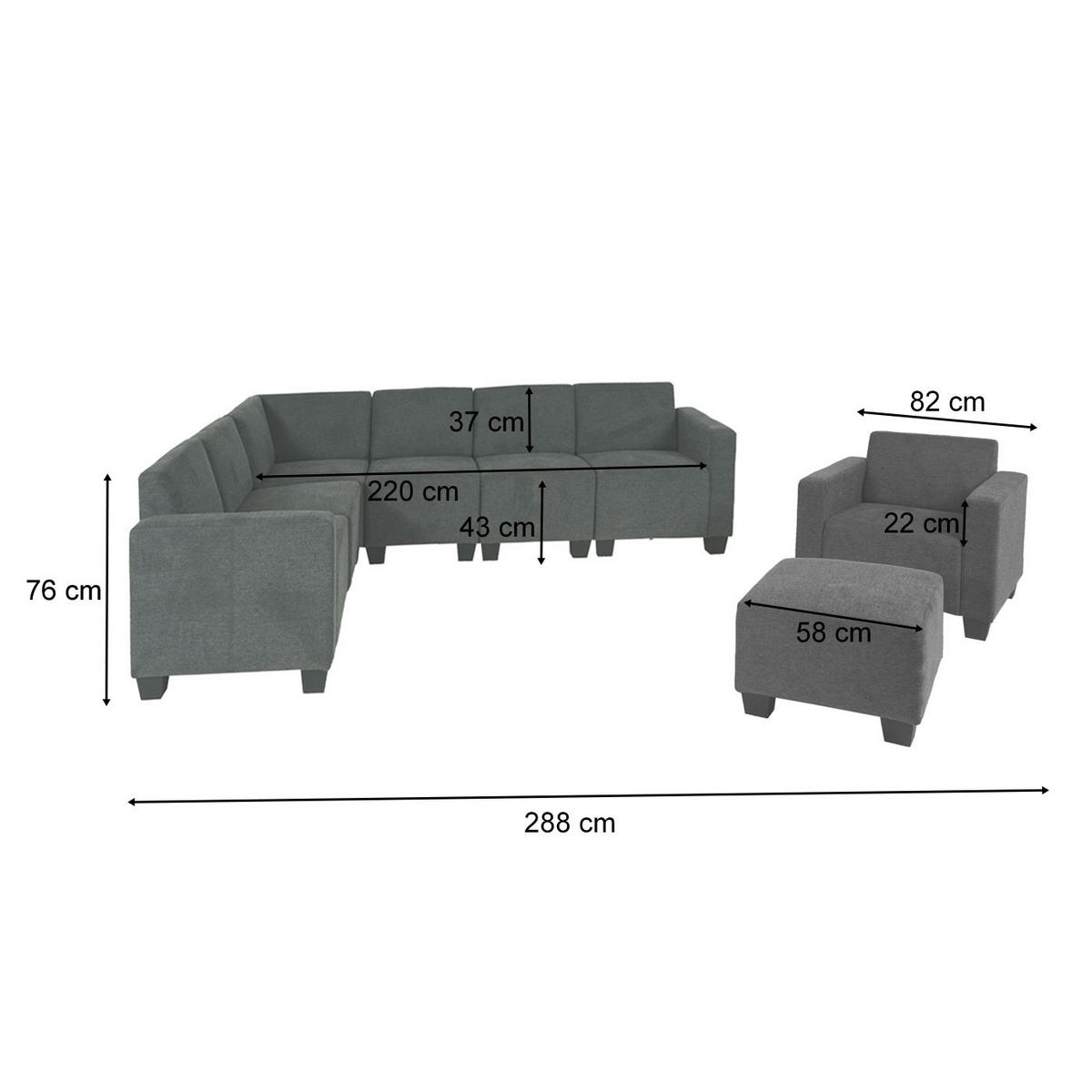 SOFA-SYSTEM LYON Grau Garnitur 6-2 - Grau, Textil (288/76/216cm) - MCW