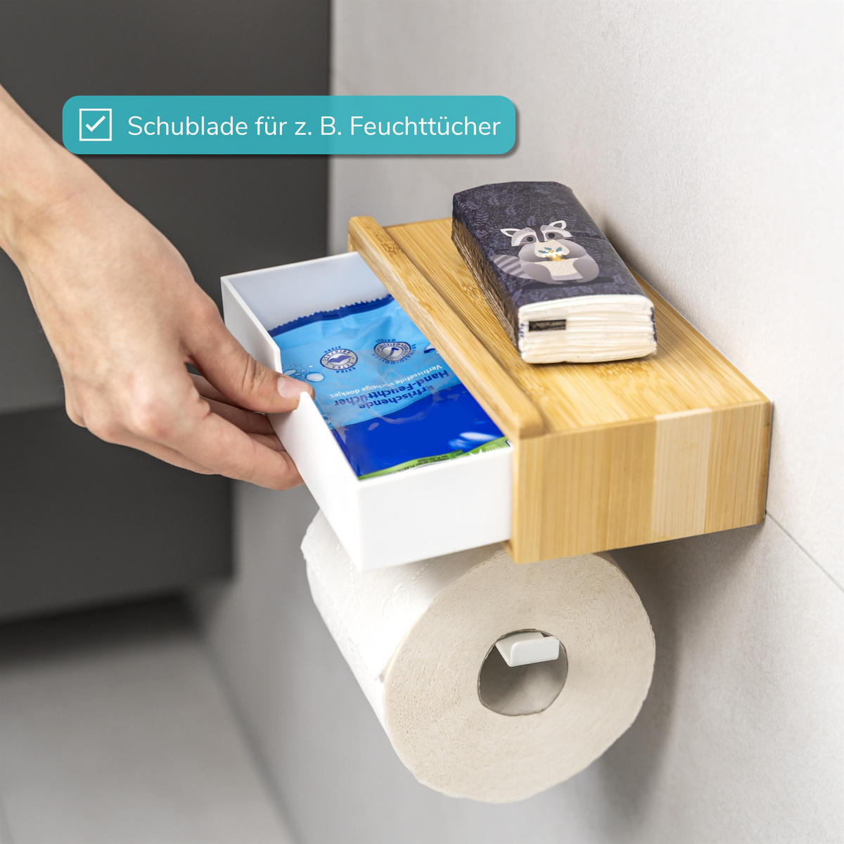 TOILETTENPAPIERHALTER 3in1 Bambus/Metall weiß - Weiß, Holz (18.5/13/10.5cm) - eluno