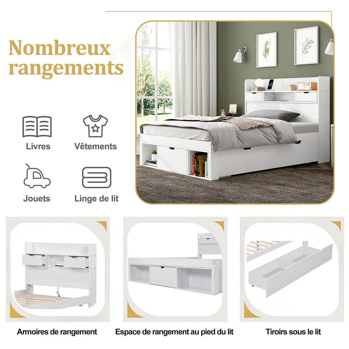 EINZELBETT 90x190 cm in weiß - Weiß, Holz - KOMHTOM