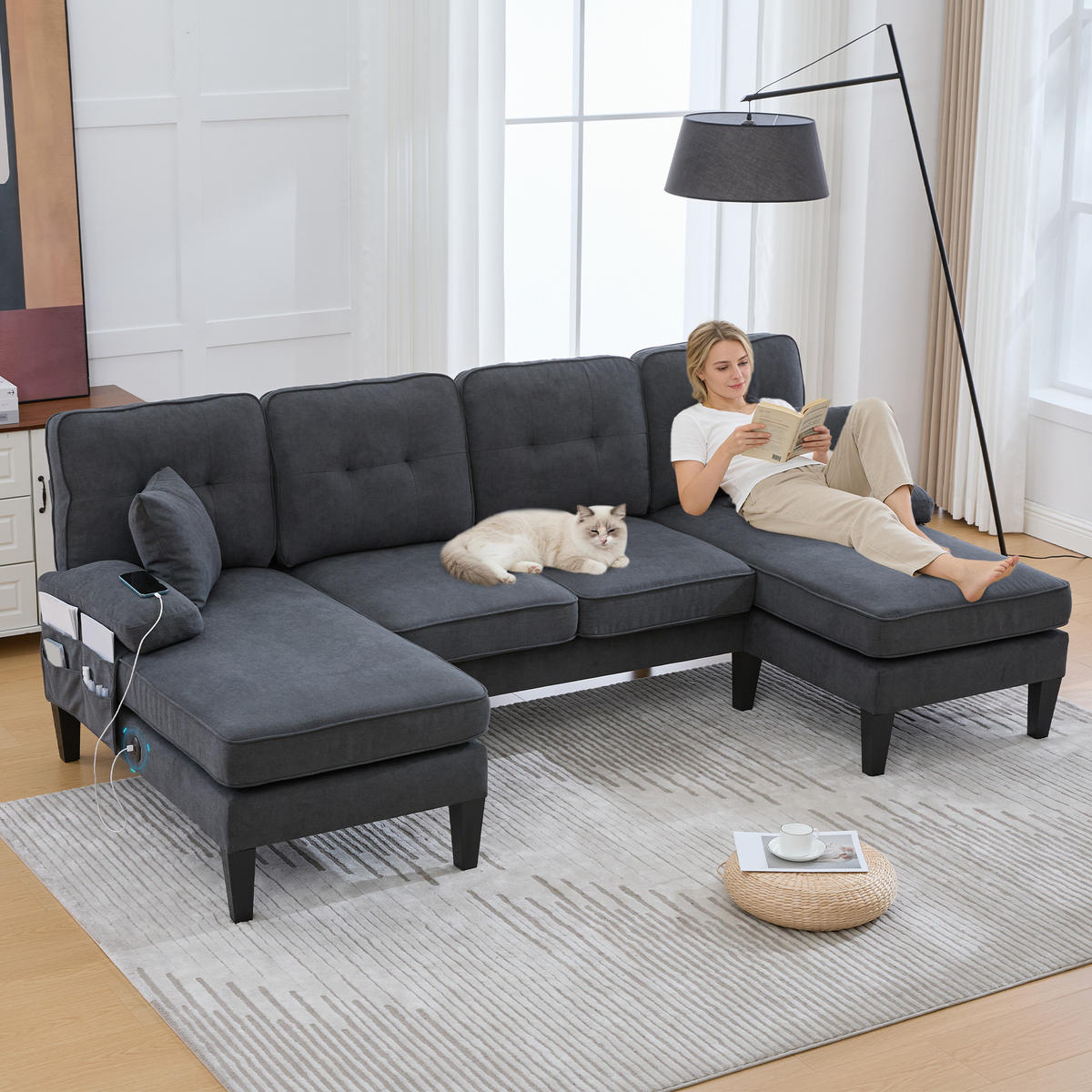 WOHNLANDSCHAFT Leinen Dunkelgrau mit USB, Type-C und Stauraum - Dunkelgrau, Textil (250/88/130cm) - WISHDOR