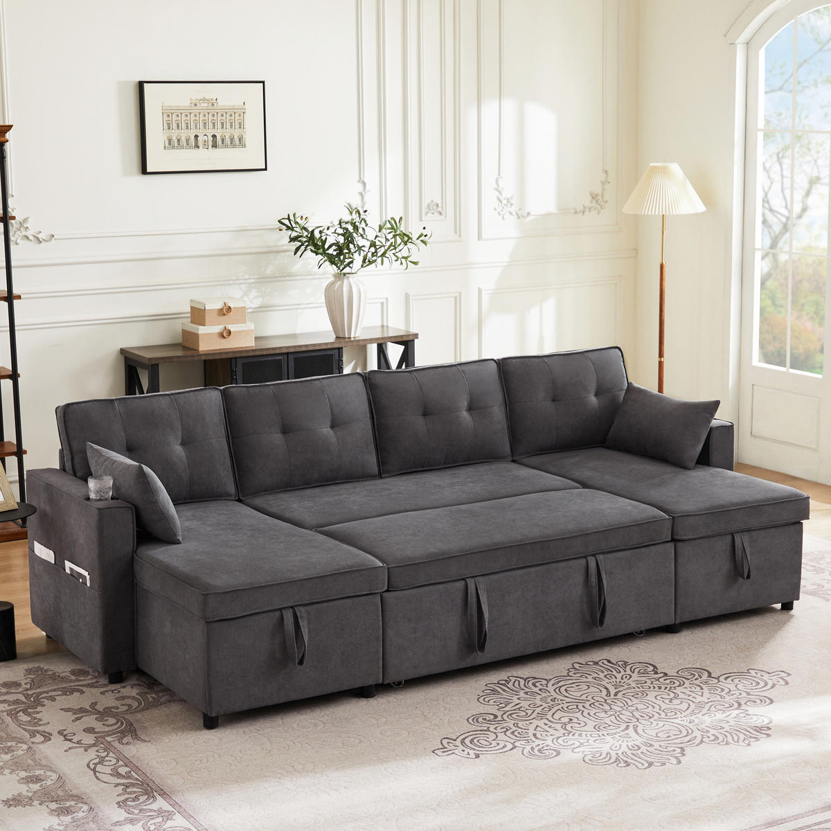 SCHLAFSOFA U-Form mit Getränkehalter und Stauraum - Grau, Textil (270/86/130cm)