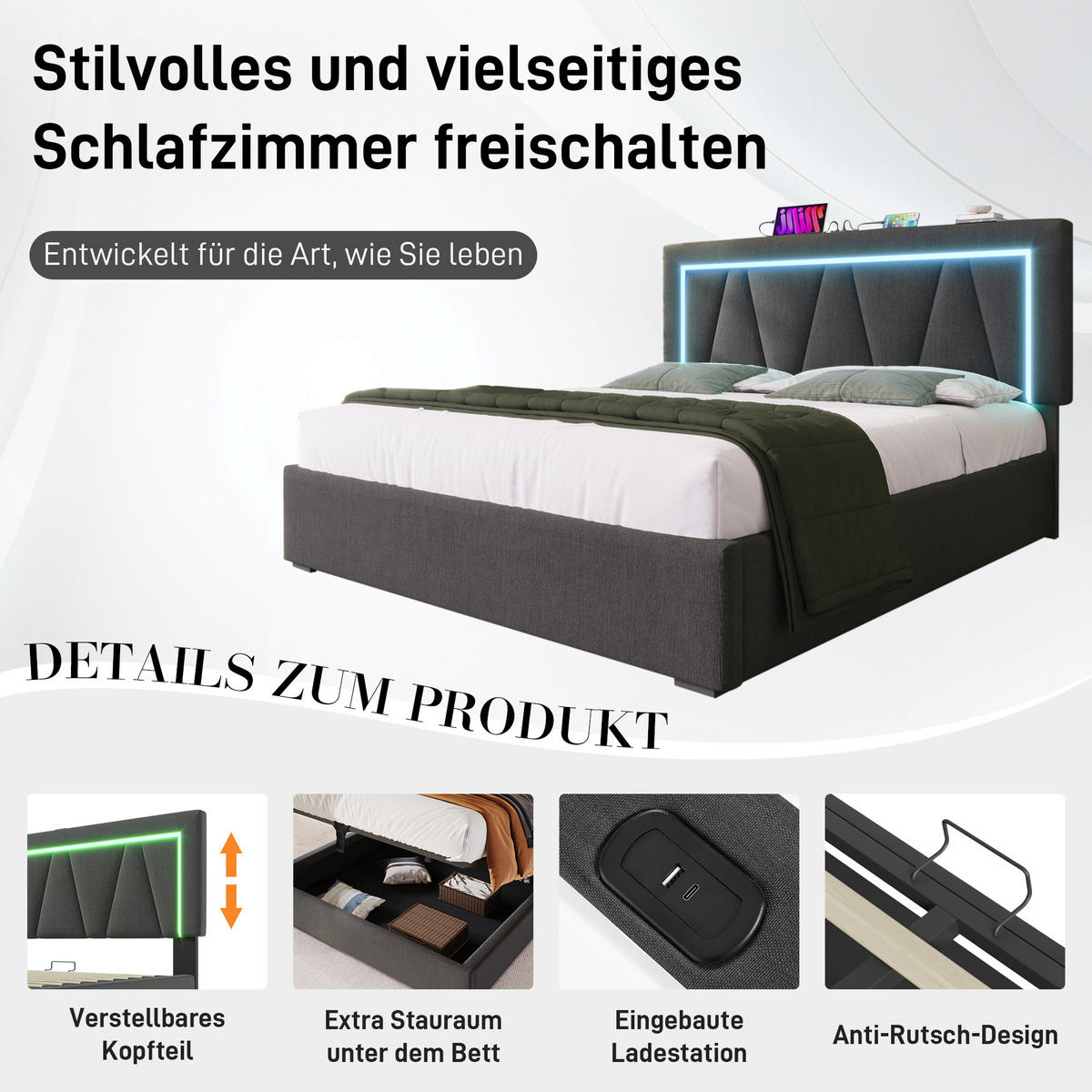 POLSTERBETT 140/200 cm Grau mit USB Typ C Ladefunktion und LED-Beleuchtung - Grau, Textil (140/200cm) - Oxeza