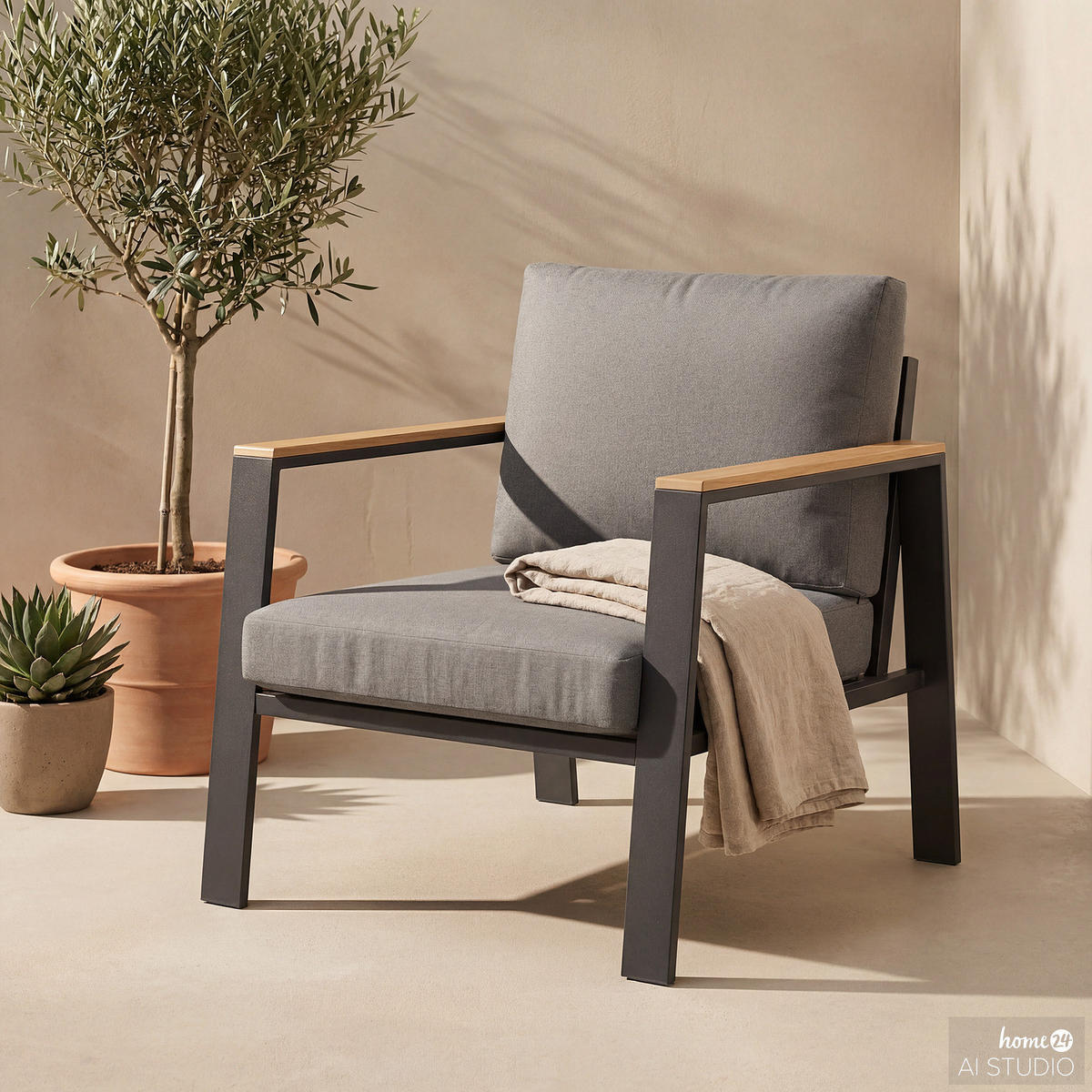 LOUNGESESSEL - Aluminium / Polyester - Anthrazit - Anthrazit/Braun, Holz/Metall (73/74/75cm) - home24