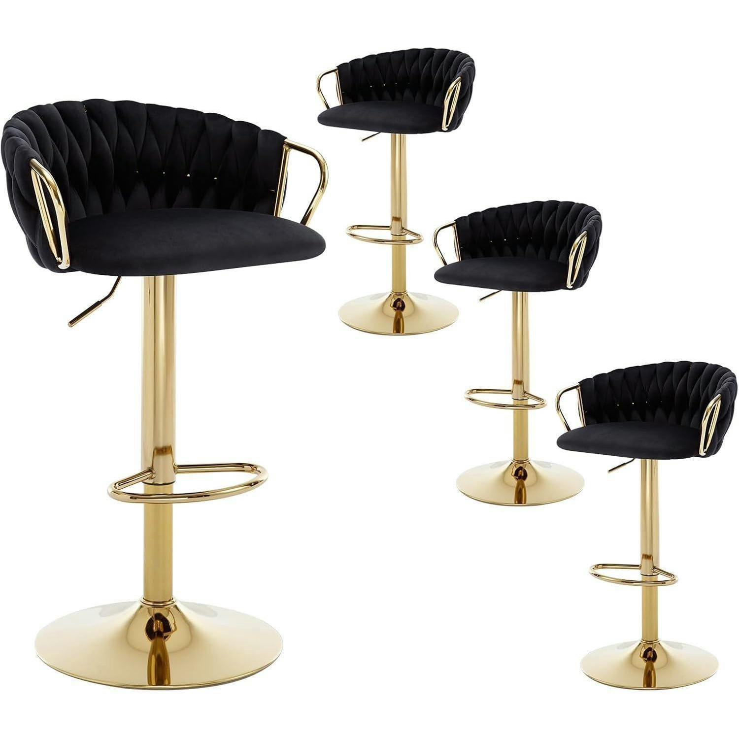 BARHOCKER 4er-Set Samt Schwarz höhenverstellbar drehbar mit geflochtener Rückenlehne - Schwarz, Textil (42/100/39cm)