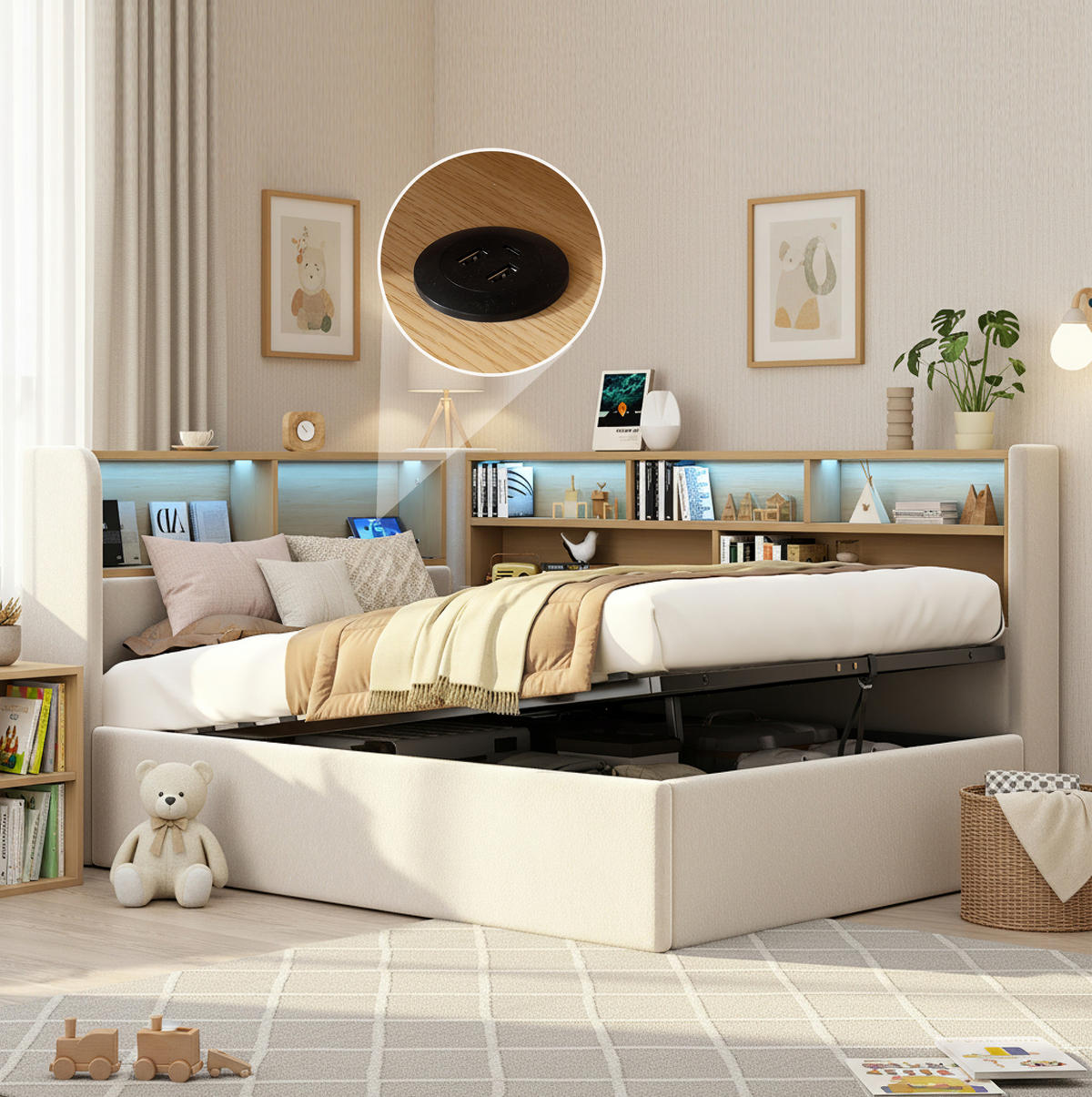 POLSTERBETT aus Samt Beige mit hydraulischem Stauraum, LED-Beleuchtung und USB-C-Anschluss - Beige, Textil (90/200cm) - IVMEU