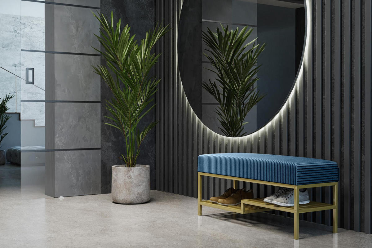 SITZBANK Mello 80 Dunkelblau, Goldfarbene Beine, Cordstoff Bank mit Ablage - Goldfarben/Dunkelblau, Holzwerkstoff/Textil (80/45/35cm) - Bettso