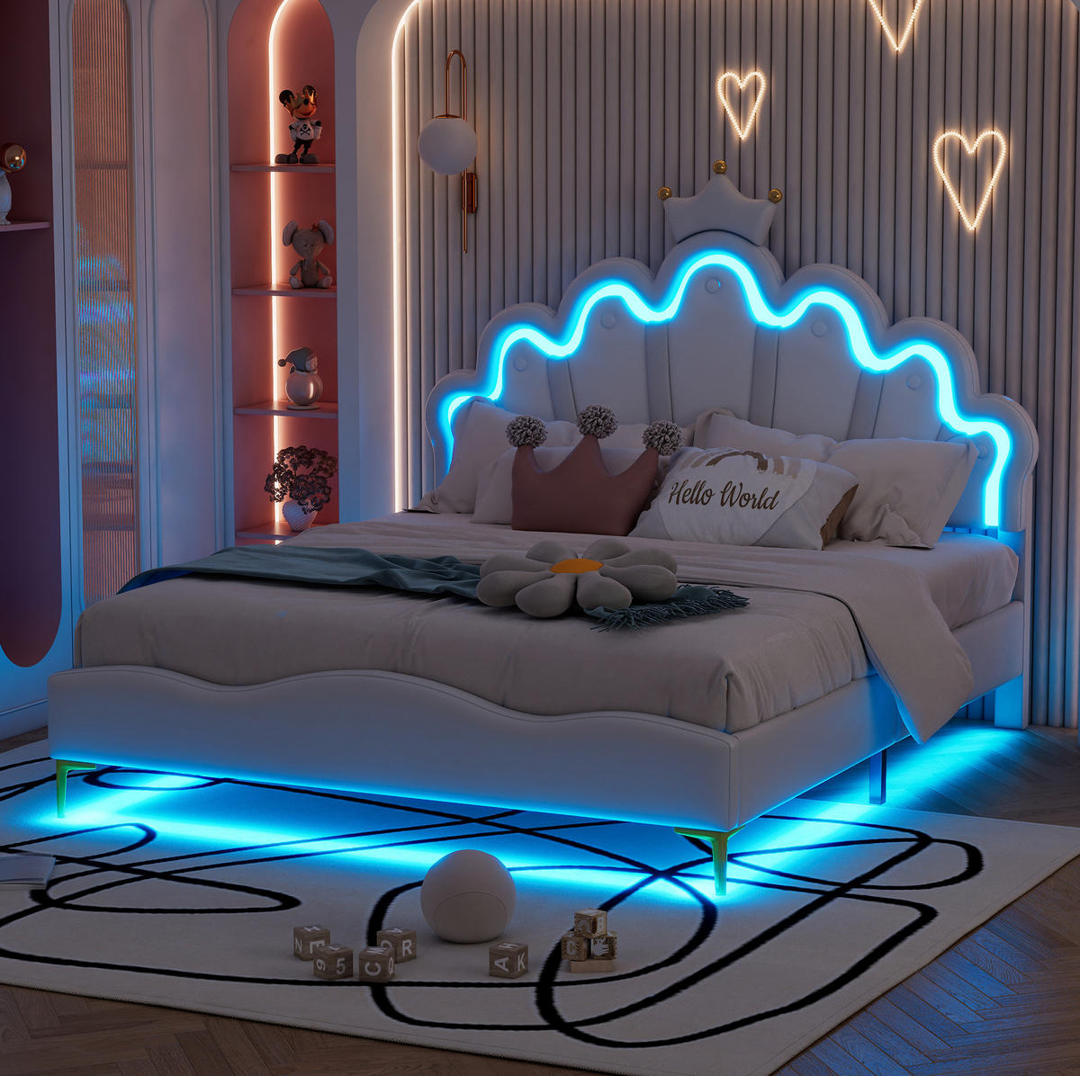 DOPPELBETT aus PU-Kunstleder 140x200 cm Weiß mit LED-Beleuchtung und höhenverstellbarem Kopfteil - Weiß, Kunststoff (140/200cm) - IVMEU