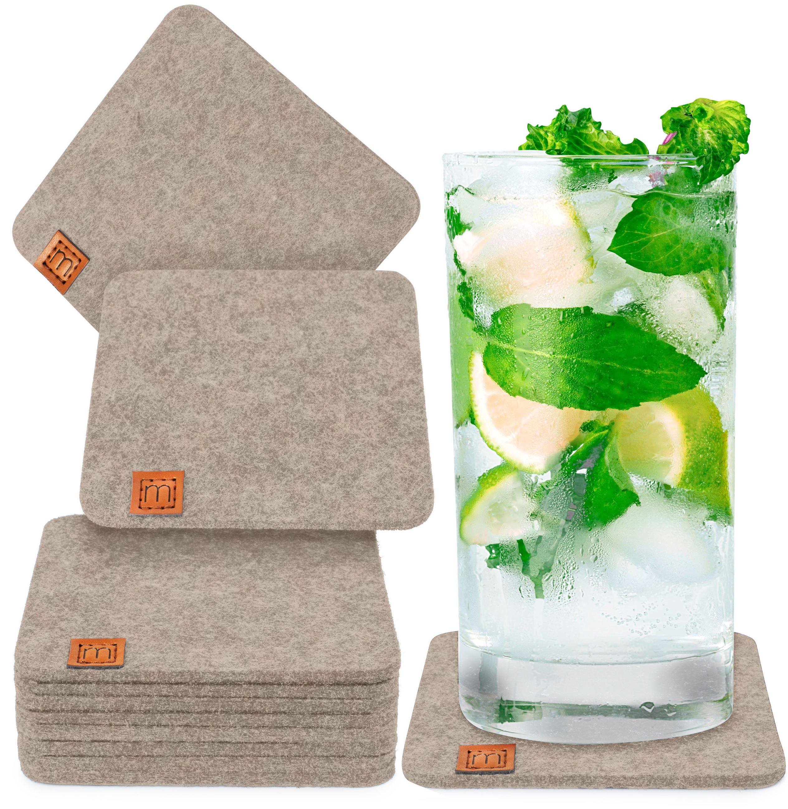 GLASUNTERSETZER mit Lederlabel 10er-Set - Beige, Textil (10/10cm) - Miqio Design