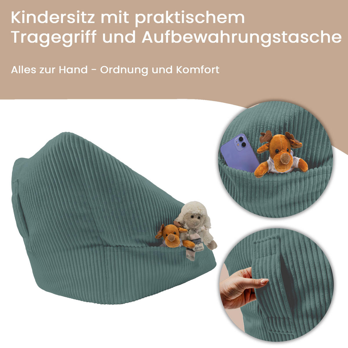 SITZSACK-SESSEL Bambino 55/60/55 cm, weicher Cord 380 g/m², mit Griff & Seitentasche, Meeresblau - Blau, Textil (55/55/60cm) - Dreamroots