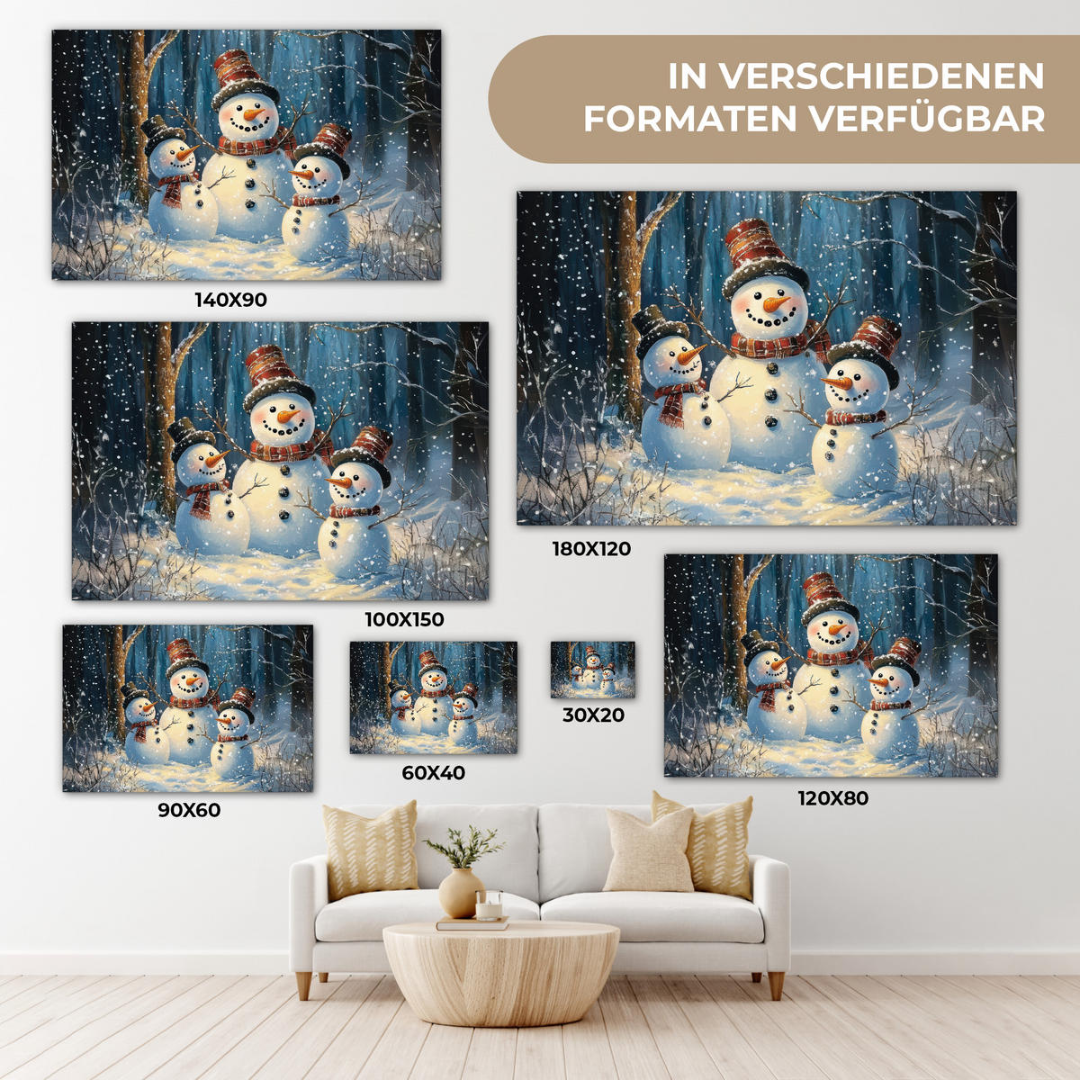 LEINWANDBILD Schneemann - Schnee - Winter - Wald Wanddeko 90x60 cm - Hellblau, Textil (90/60cm) - MuchoWow
