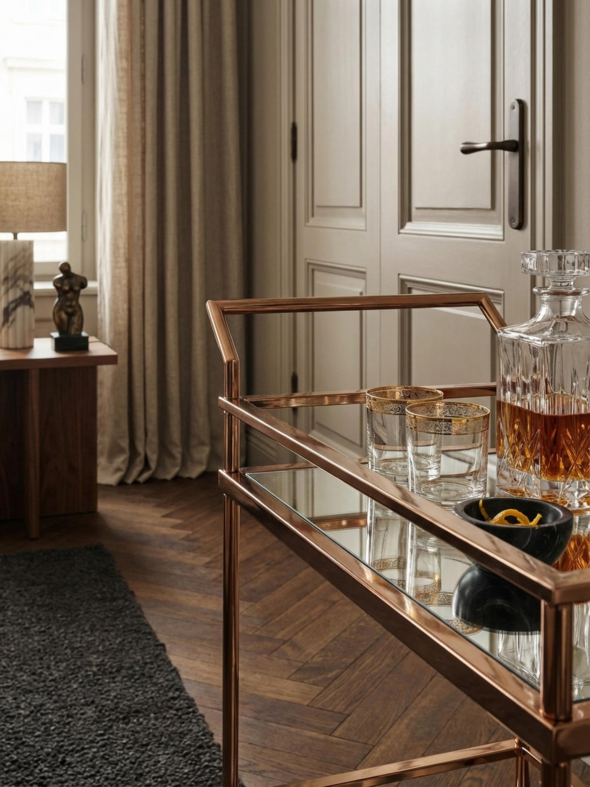 SERVIERWAGEN – Gold, Verspiegeltes Glas, auf Rollen - Goldfarben, Glas/Metall (65/84/45cm) - KADIMA DESIGN