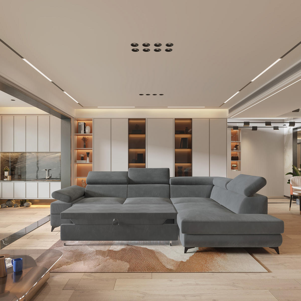 ECKSOFA FAVIEN R-S Grau Velours-Stoff mit Schlaffunktion - Grau, Holz (257/190cm) - MASSENO