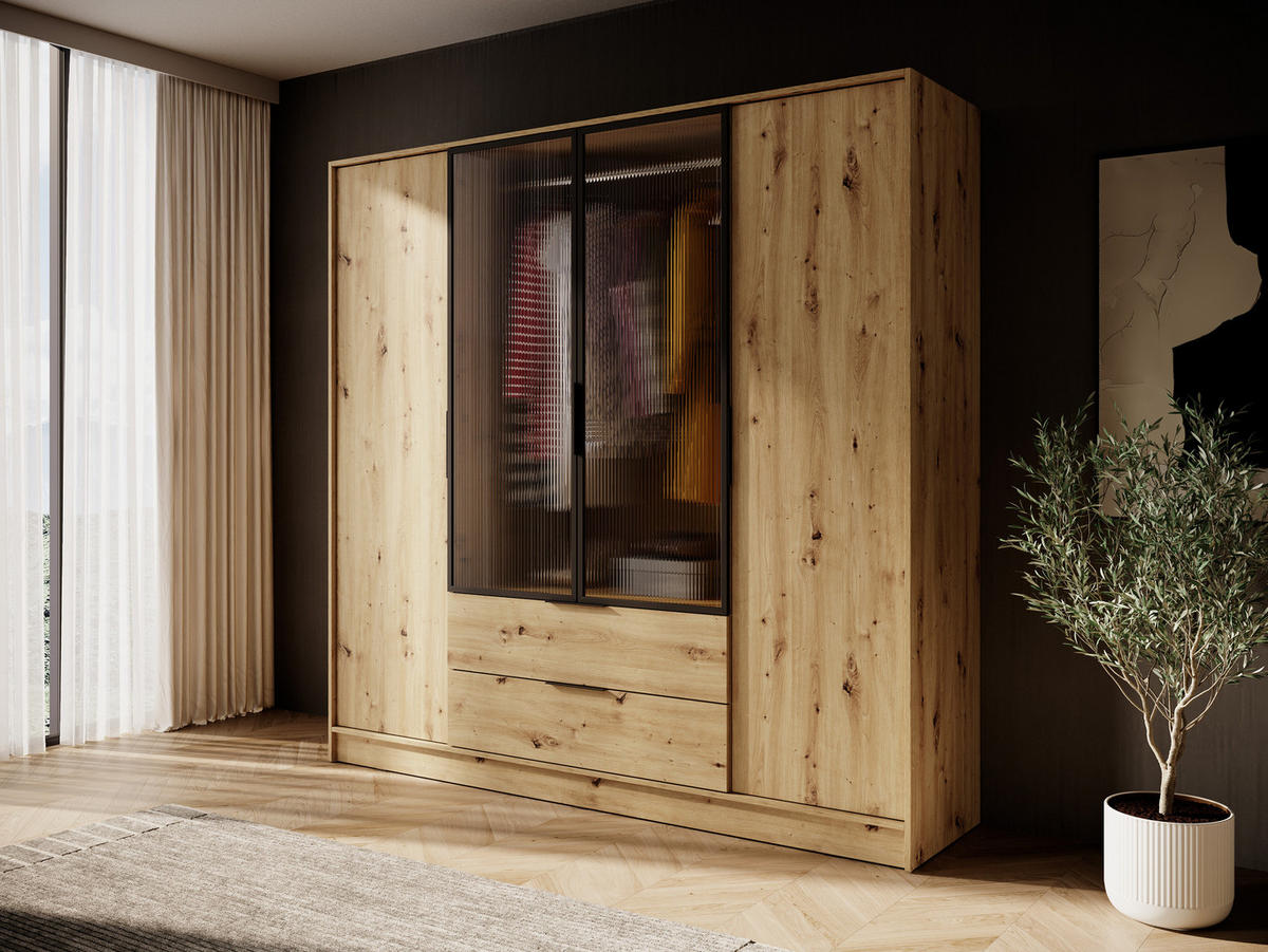 DREHTÜRENSCHRANK - Sevia Eiche Artisan – mit Vitrine in der Mitte - Eiche Artisan, Holzwerkstoff (206/200/51cm) - Möblo