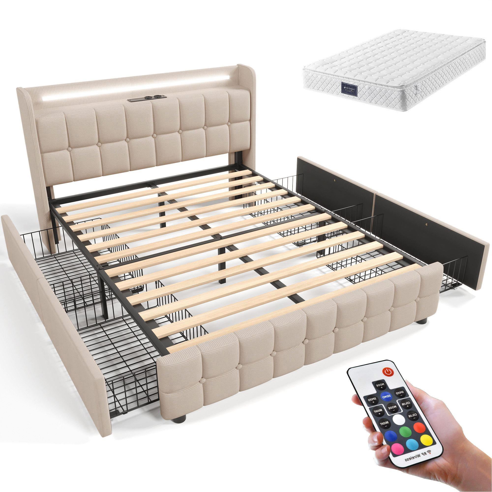 POLSTERBETT mit USB-Ladefunktion, Kopfteil und LED-Beleuchtung - Beige, Textil (160/200cm)