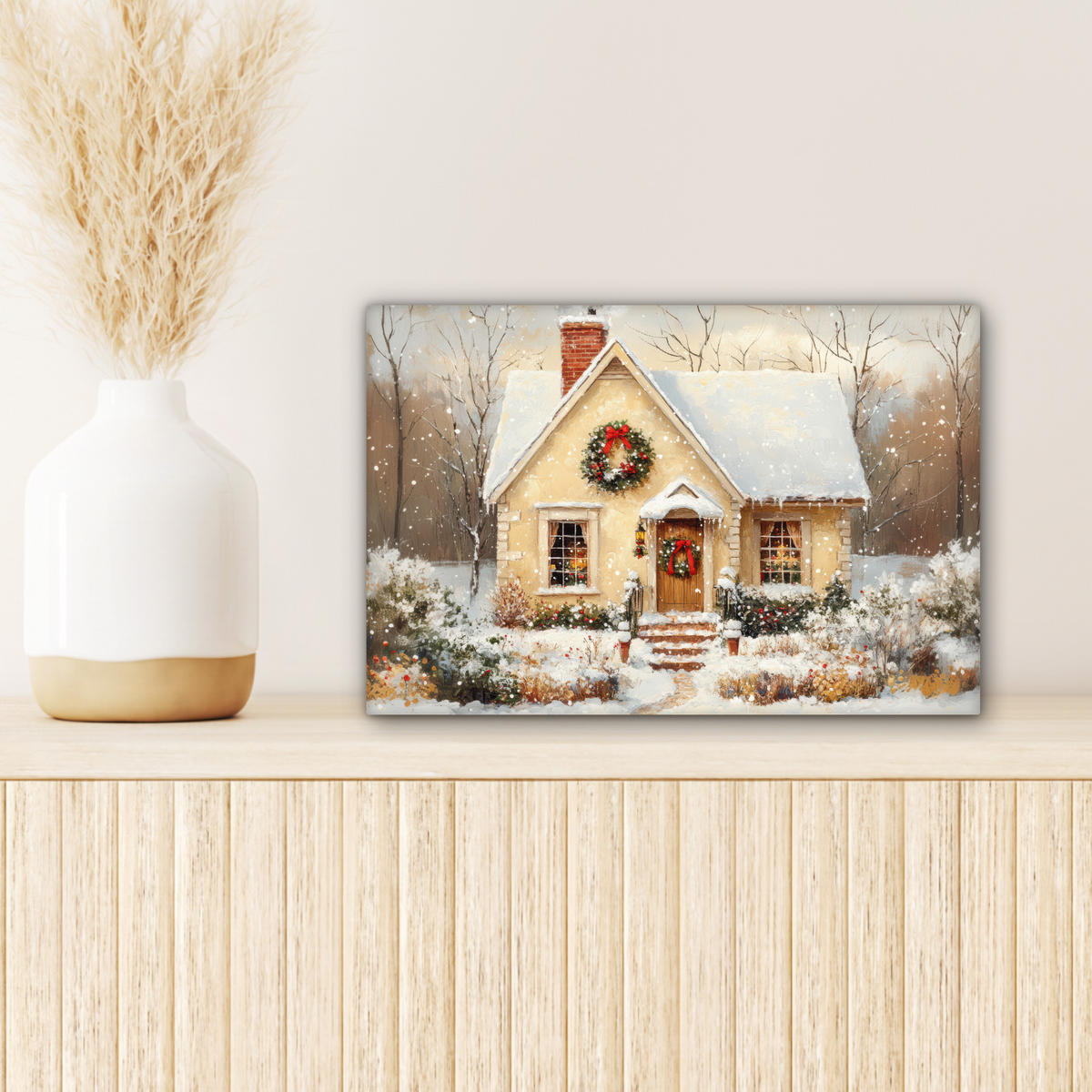 LEINWANDBILD Weihnachten - Zuhause - Winter - Schnee 30x20 cm - Creme, Textil (30/20cm) - MuchoWow