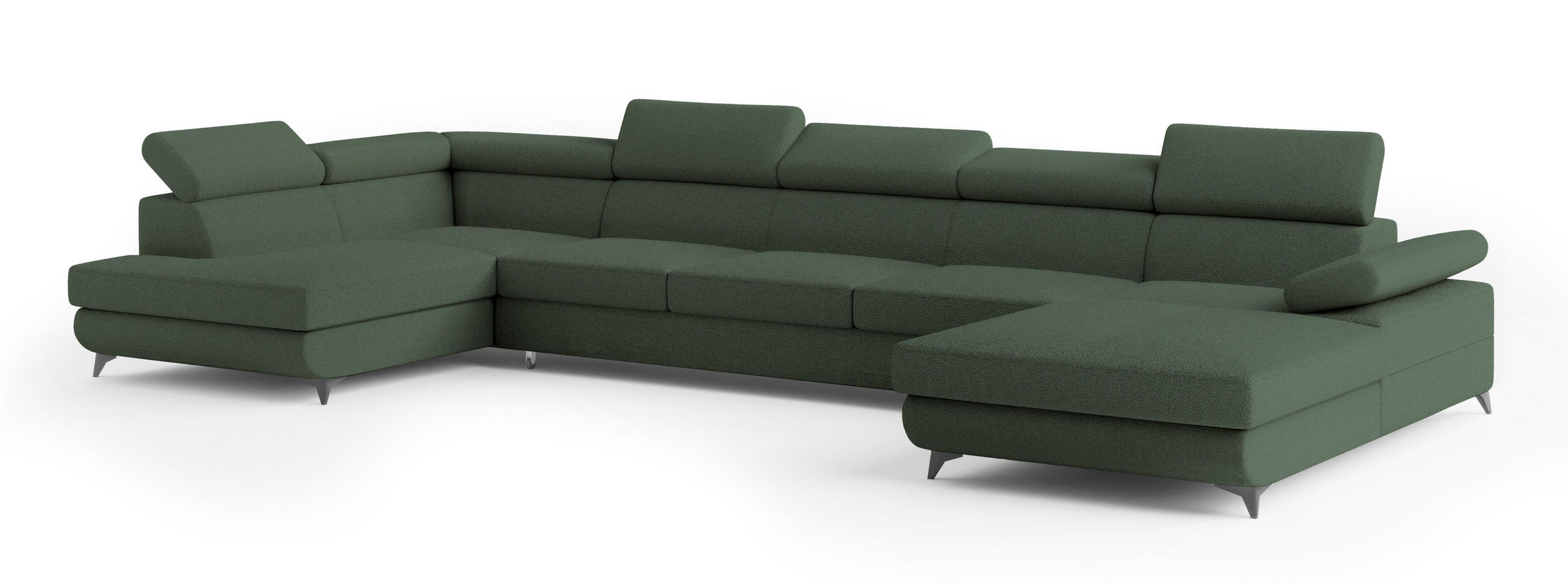 WOHNLANDSCHAFT MONTIVA Grün Boucle-Stoff mit Schlaffunktion - Grün, Holz (410/89/190cm) - MASSENO