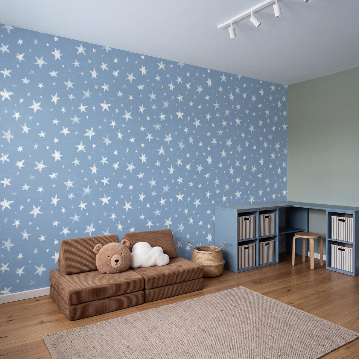 KINDERTAPETE - Sterne - Muster - Blau - 350x200 cm - Hellblau, Papier (350/200cm) - OnlyWow
