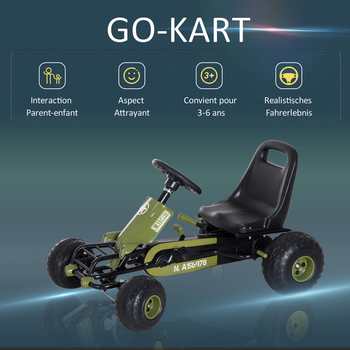 KINDER GO KART TRETAUTO, L105 x B54 x H61cm/L99 x B65 x H56cm, Grün - Grün, Metall (99/65/56cm) - HOMCOM