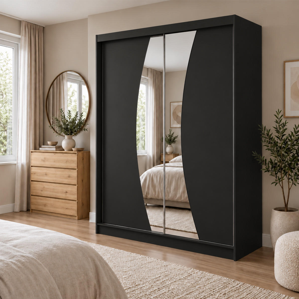 KLEIDERSCHRANK Nox 200 cm Schwarz Spiegel 2 Schubladen Griffe silber - Schwarz, Holzwerkstoff (200/216/61cm) - KS Home Concept