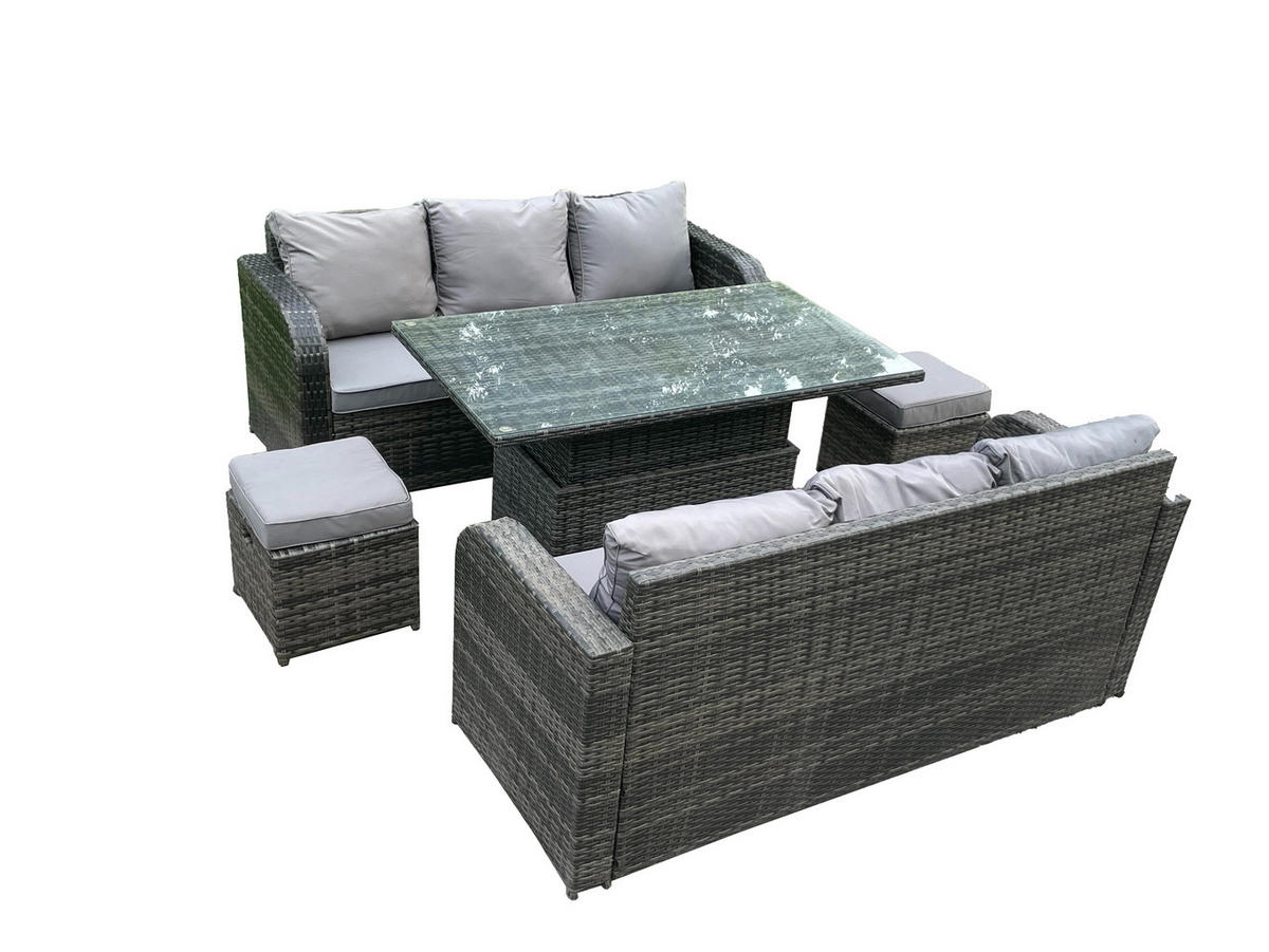 LOUNGESOFA Polyrattan Patio 8-Sitzer - Dunkelgrau/Grau, Glas/Kunststoff - Fimous