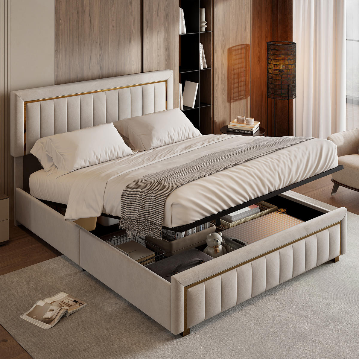 ČALÚNENÁ zamatová posteľ 180x200 cm s hydraulickým boxom a zlatými detailmi - écru, drevo (180/200cm) - SHOPENTRA