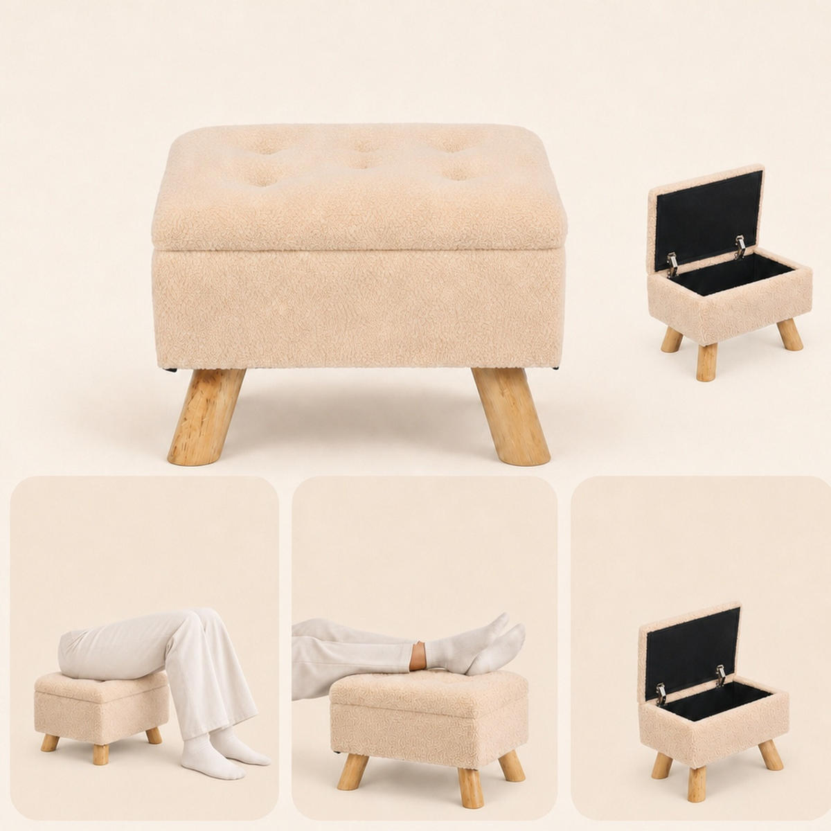 PUF Bej cu spațiu de depozitare material teddy - bej, material textil/compozit lemnos (38/28/28cm) - Relaxdays