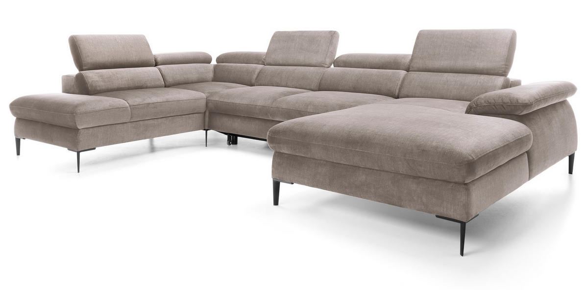 ECKSOFA U-Form 350 cm Amaro M mit Schlaffunktion, Rechts, Dunkelbeige - Cappuccino, Holz (353/214cm) - Emporius
