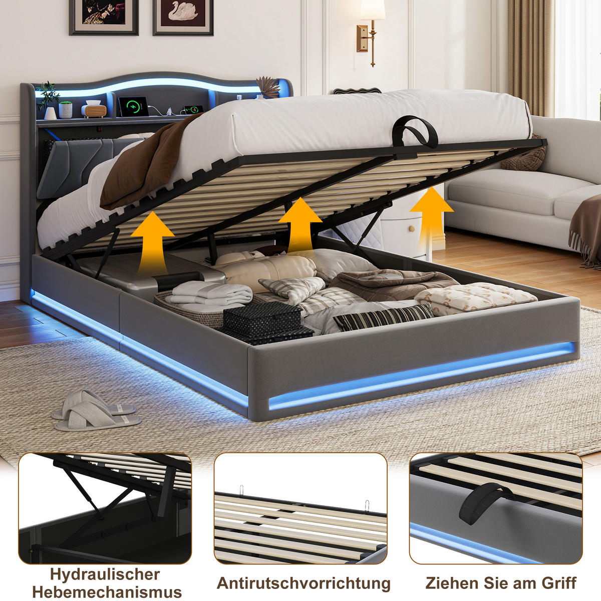 POLSTERBETT 160x200 cm mit Stauraum‑Kopfteil, Hydraulik‑Stauraum, LED und USB‑C Ladeanschlüsse, Velours‑Stoff, grau - Grau, Holz (160/200cm) - BRILVERDE