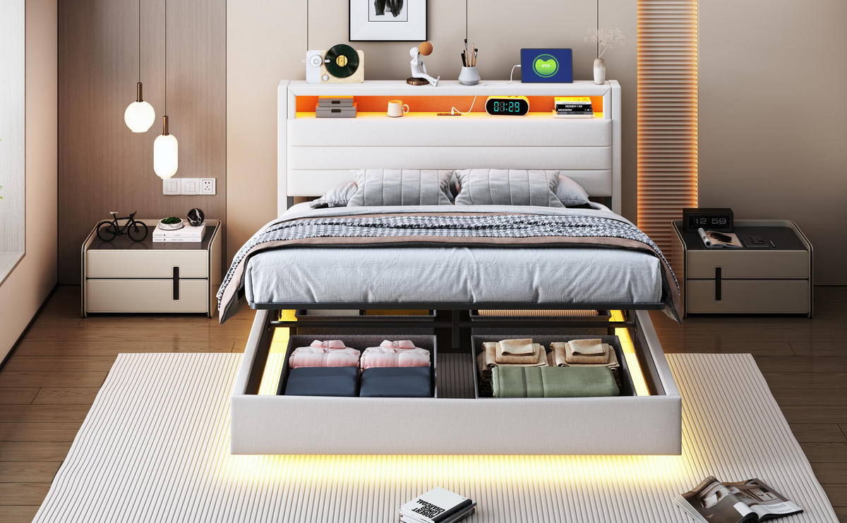 POLSTERBETT 140x200 cm LED USB Stauraum beige - Beige, Textil (140/200cm) - Fortuna Lai