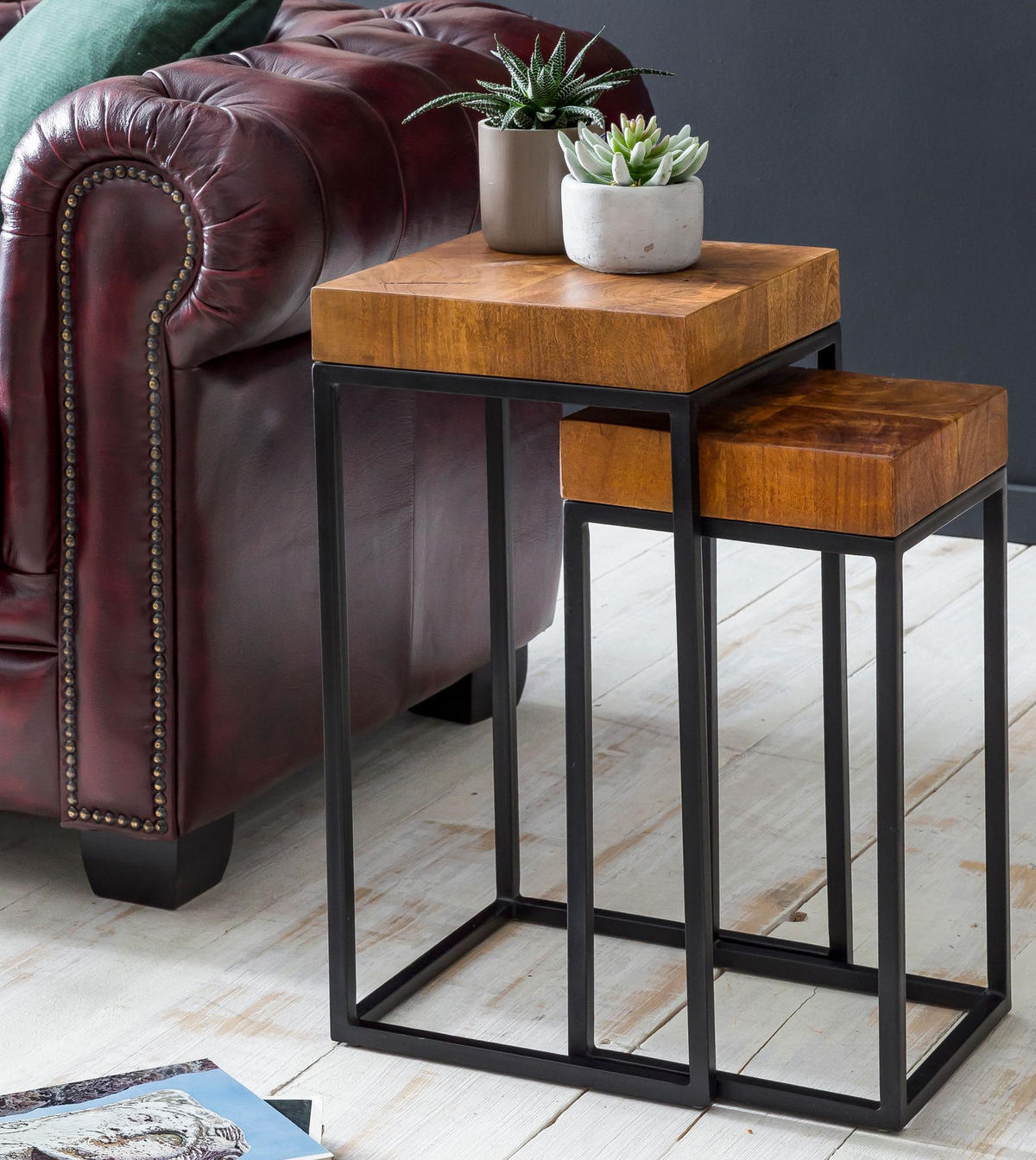 BEISTELLTISCH Set – 2-teilig Massivholz Metall handgefertigt Industrial - Schwarz/Braun, Holz/Metall (30/30/60cm) - KADIMA DESIGN