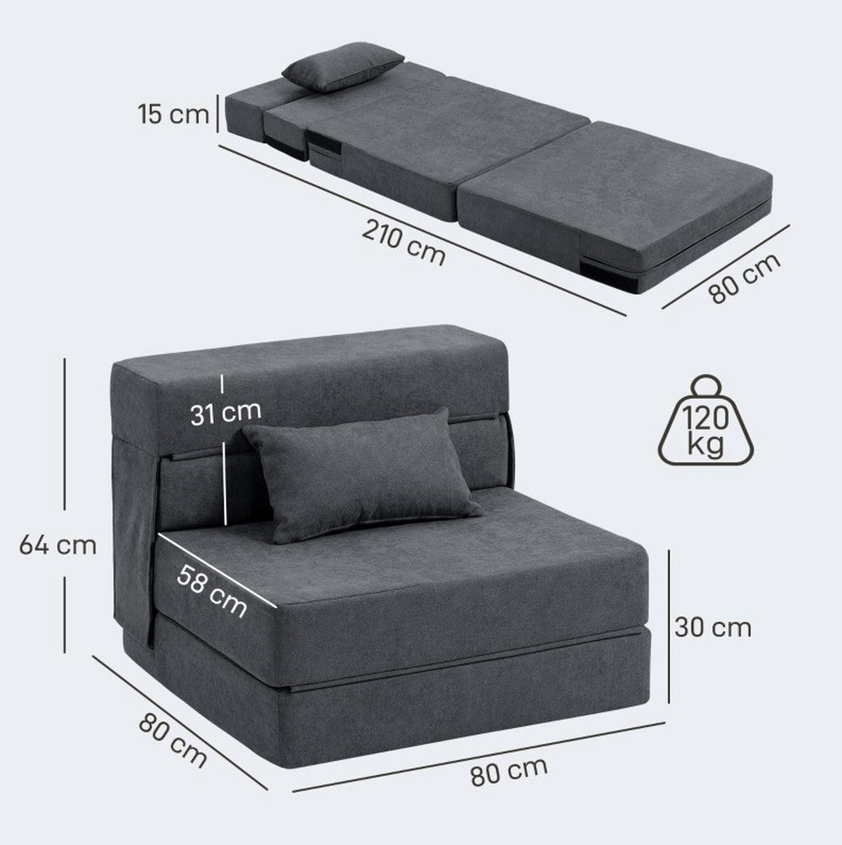 KLAPPBARER Schlafsessel in Dunkelgrau 80x210x15 cm mit Schlaffunktion und Kissen - Dunkelgrau, Kunststoff (210/15/80cm) - IVMEU