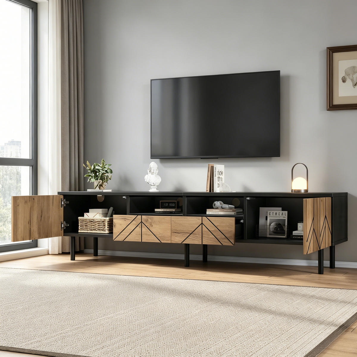 TV-RACK 180x40x45cm SchwarzHolzoptik Fernsehtisch mit Schubladen - Naturfarben, Holz (50.01/15.01/103cm) - Raelunyi