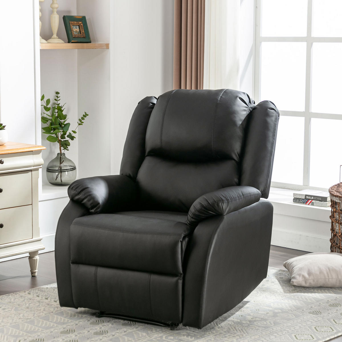 RELAXSESSEL mit Liegefunktion PU Leder Seitentasche 80/90/100 cm - Schwarz, Textil (80/100/90cm) - EVRYAE