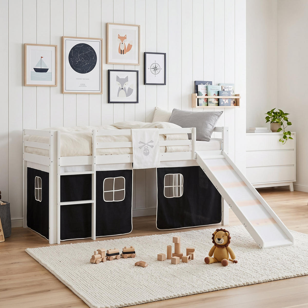 HOCHBETT 90/200 cm Pirat mit Lattenrost + Matratze - Schwarz/Weiß, Holz - Homestyle4u