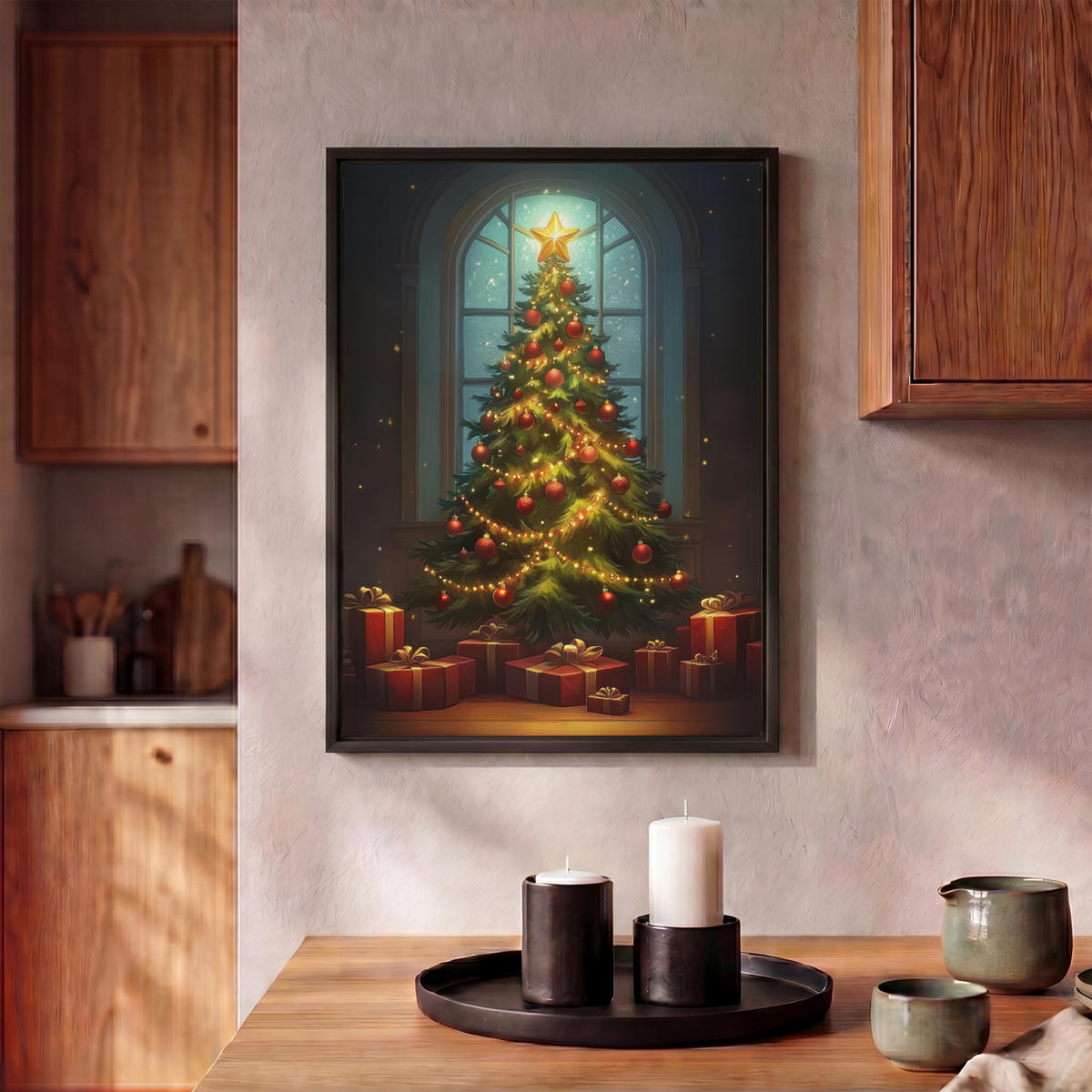 LEINWAND Bilder mit Rahmen - Weihnachtsbaum - Geschenk - Winter - 30x40 - Grün, Textil (30/40cm) - MuchoWow