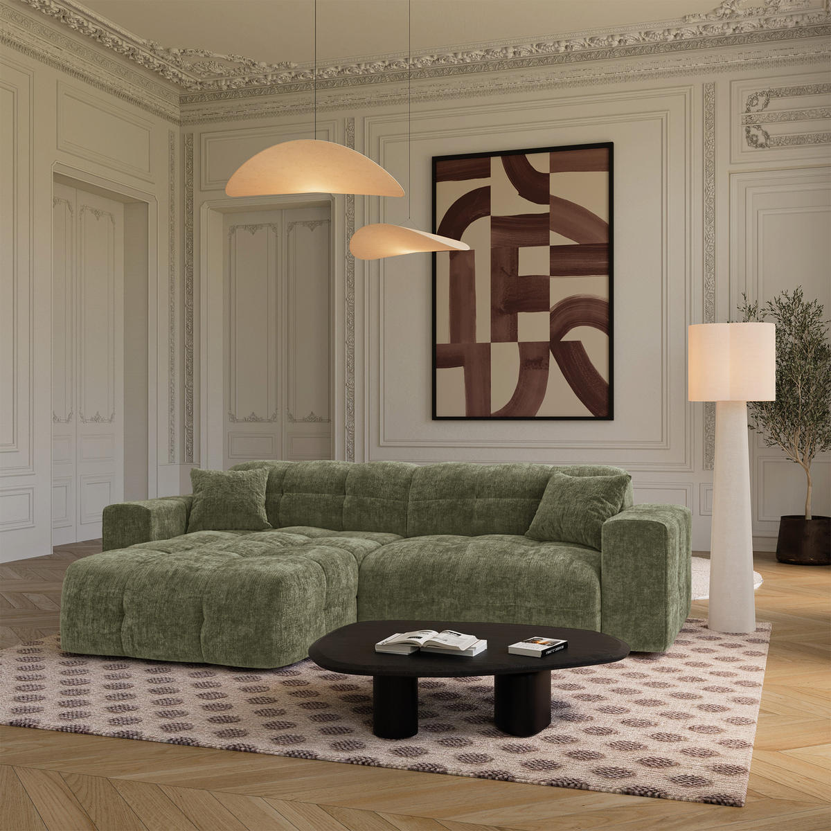 ECKSOFA (links) COCOON Geprägter Samt Vintage-Grün 230cm - Dunkelgrün/Grün, Textil (230/155cm) - Premium Interiors