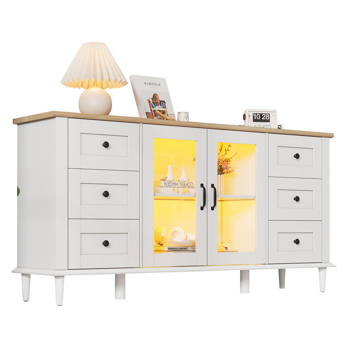 KOMODA 150/40/75 cm biela a v dekore dreva z MDF s LED osvetlením, 6 zásuvkami a akrylovými dvierkami - biela, kompozitné drevo (150/75/40cm) - OKWISH