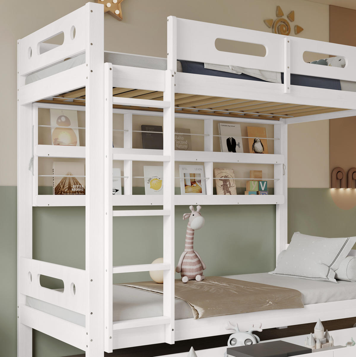 ETAGENBETT 90/200 cm mit 5-stufiger Leiter, Regalfach und 2 Schubladen, Kiefer/MDF, Weiß/Natur - Weiß, Holz (90/200cm) - Redom