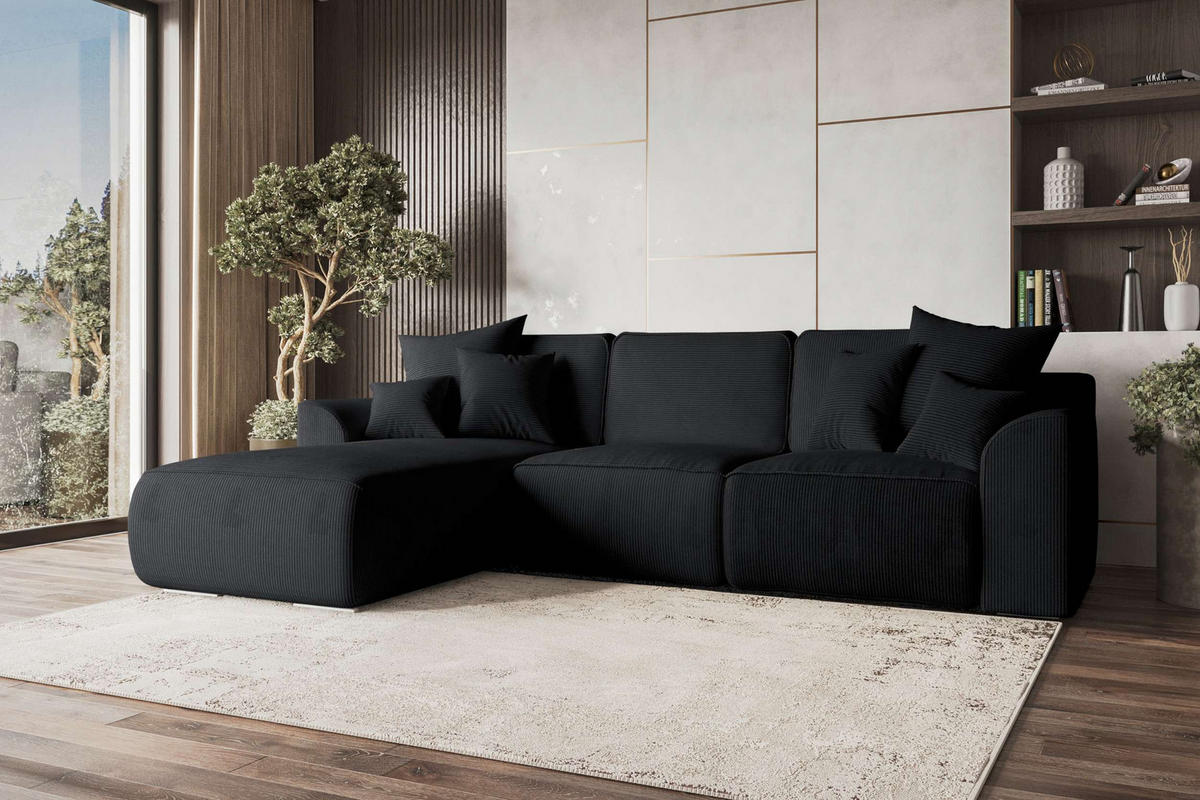 ECKSOFA GUSTO Cordstoff Schwarz Links inkl. Schlaffunktion - Chromfarben/Schwarz, Kunststoff/Textil (295/194cm) - 99rooms