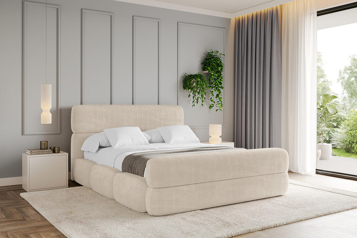 POLSTERBETT mit Bettkasten, Fußteil und Lattenrost, Bett mit Matratze H3/H4 - ELVA-Z 180x200 Beige - Creme, Holzwerkstoff/Textil (180/200cm) - ALTDECOR