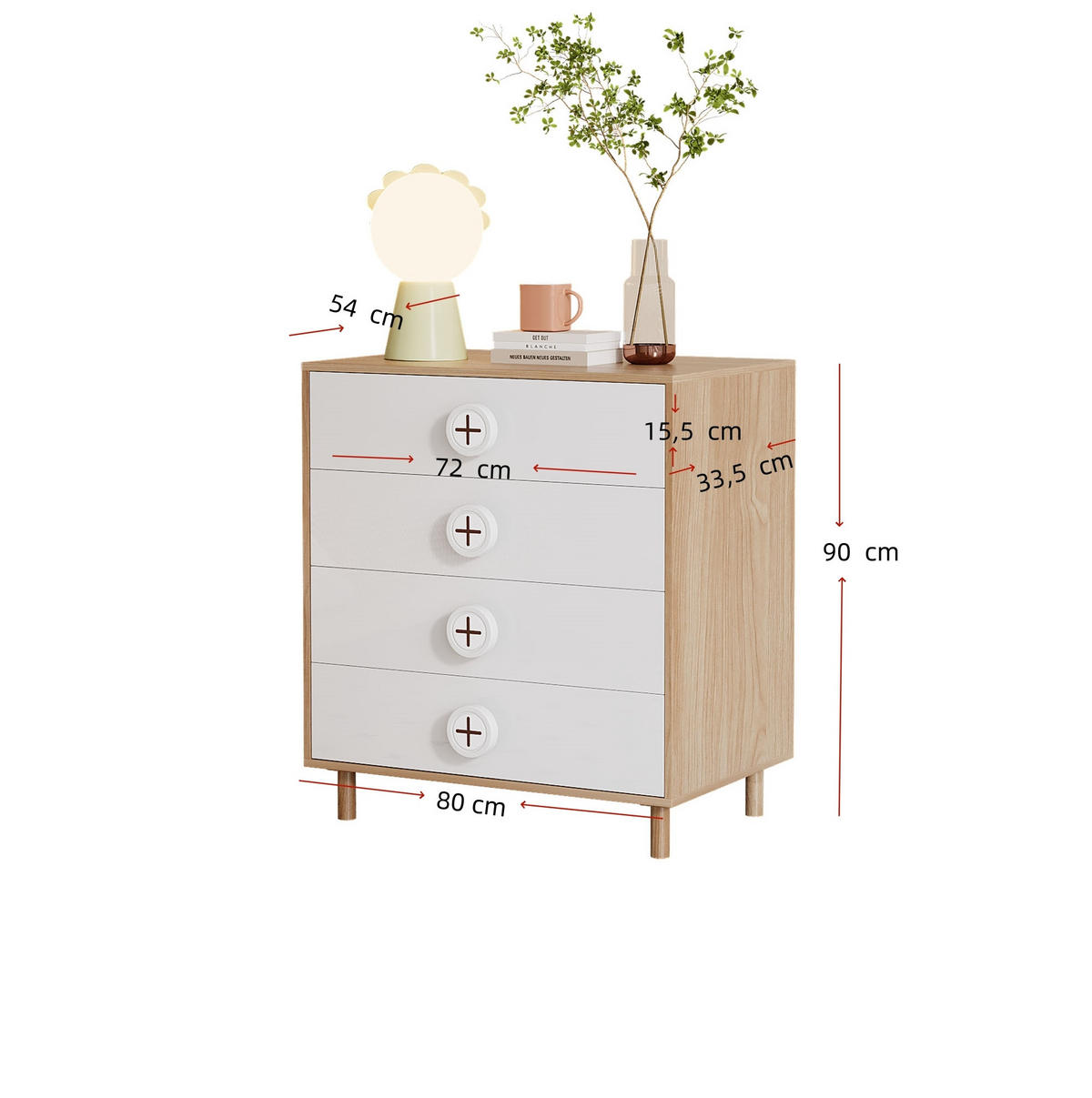 KOMODA so 4 zásuvkami, 80/54/90 cm, MDF, prírodná/biela - prírodná farba, kompozitné drevo (54/90/80cm) - Modenvie