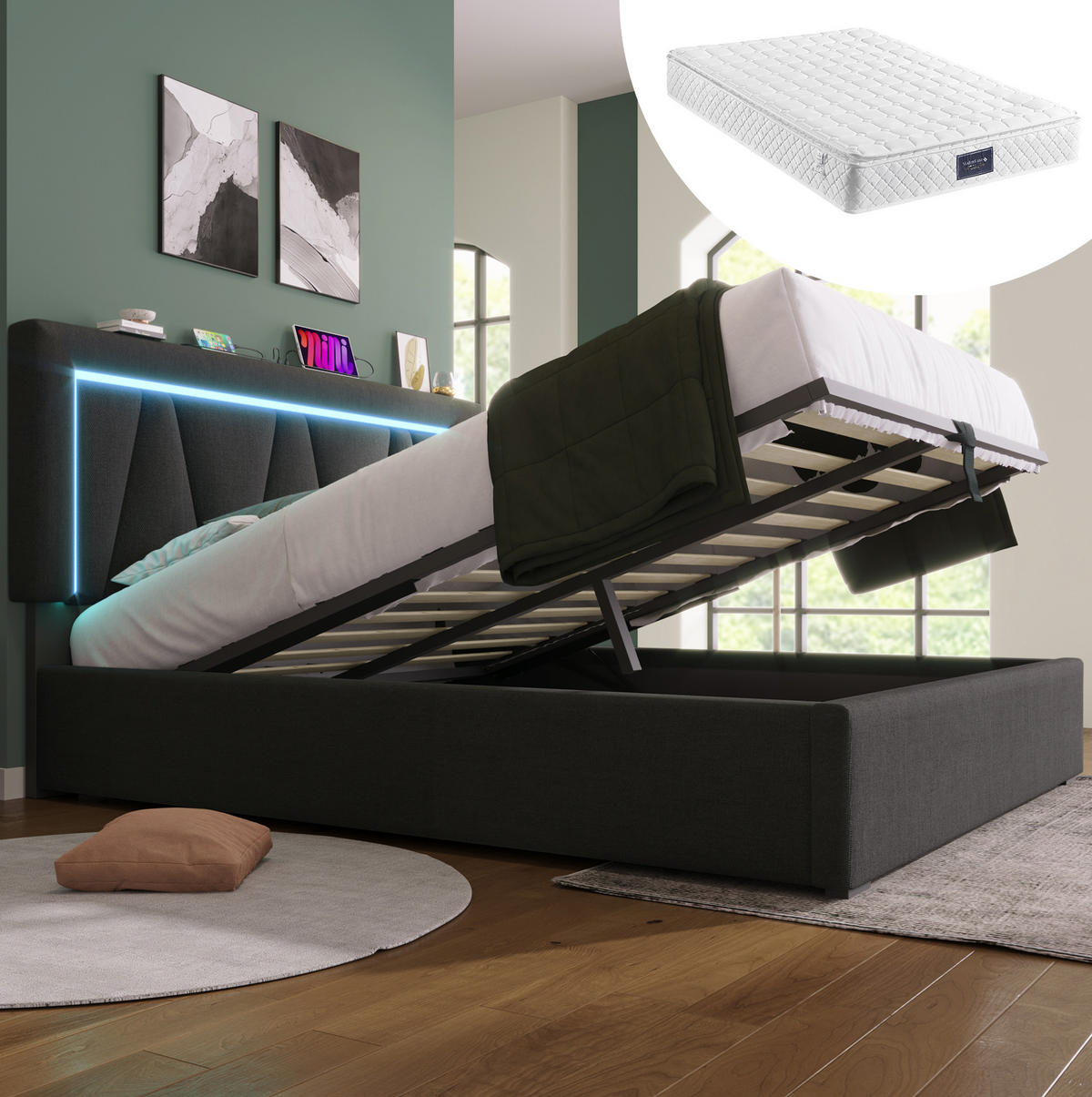 POLSTERBETT mit Stauraum USB & LED 160x200 cm Leinen Grau inkl. Matratze - Dunkelgrau, Metall (160/200cm) - Meubliv