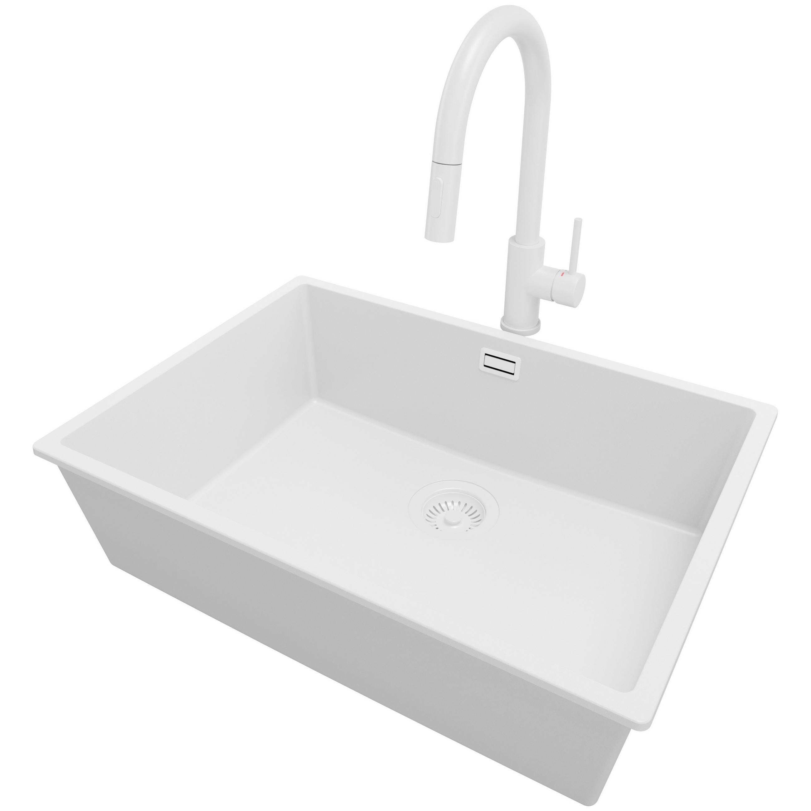 GRANITSPÜLE London Slim, 2-er set Alles Weiß 66/47 cm 1 Becken + Küchenarmatur 40/20 cm + Ablauf-Set ab 70er Unterschrank - Weiß, Kunststoff (66/20/47cm) - Primagran