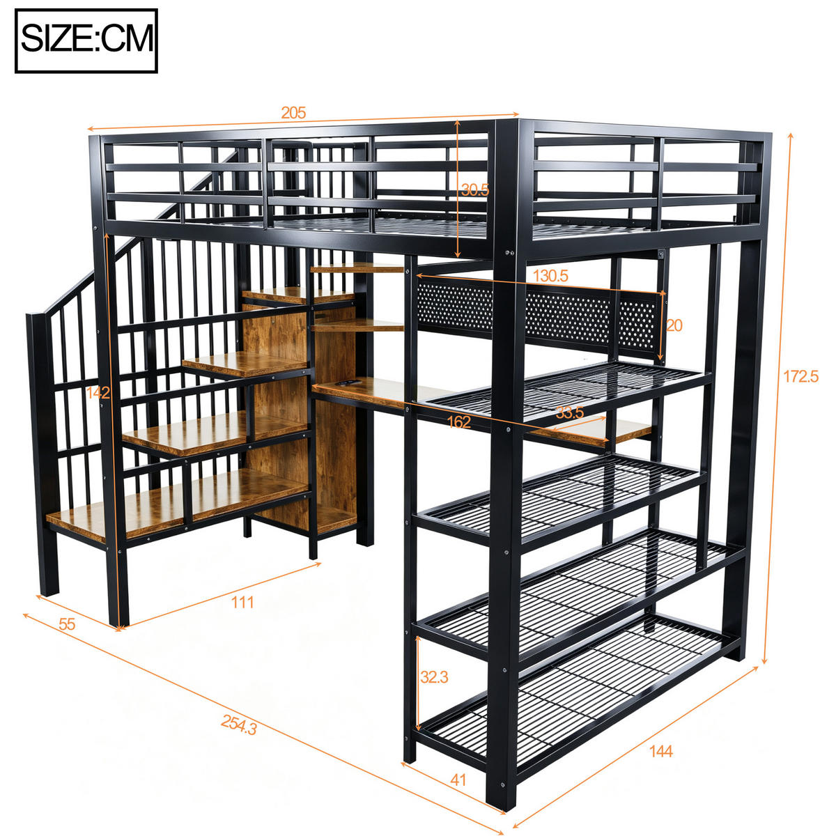 HOCHBETT 140/200 cm in Schwarz mit Treppe, Regal, Lochplatte, Steckdose und LED Metall-Holz-Design - Schwarz, Holzwerkstoff/Metall (140/200cm) - STILVORA