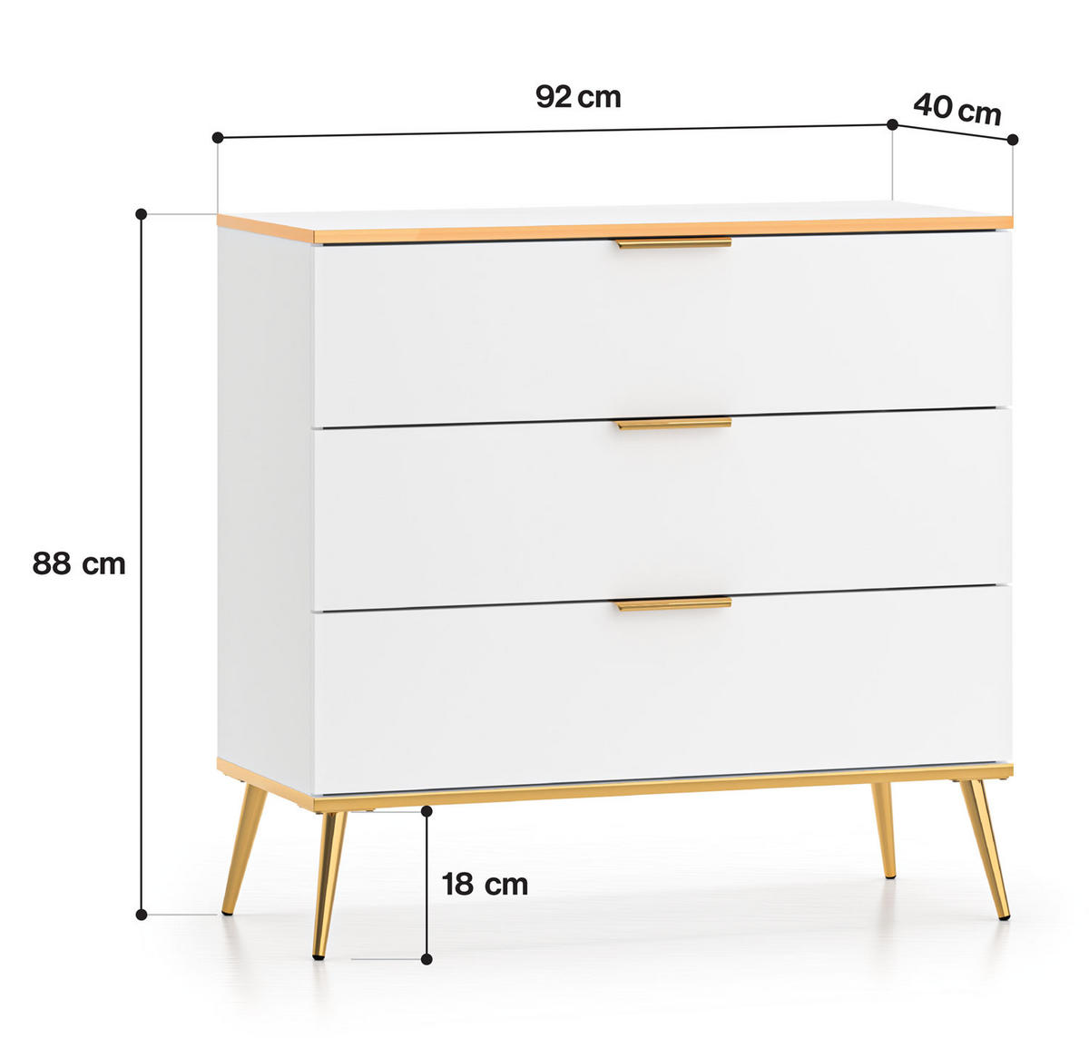 SCHUBLADENKOMMODE Viterbo Alpinweiß matt / goldfarben 92 / 49 / 88cm - Goldfarben/Weiß, Holz/Holzwerkstoff (92/88/40cm) - Feldmann-Wohnen