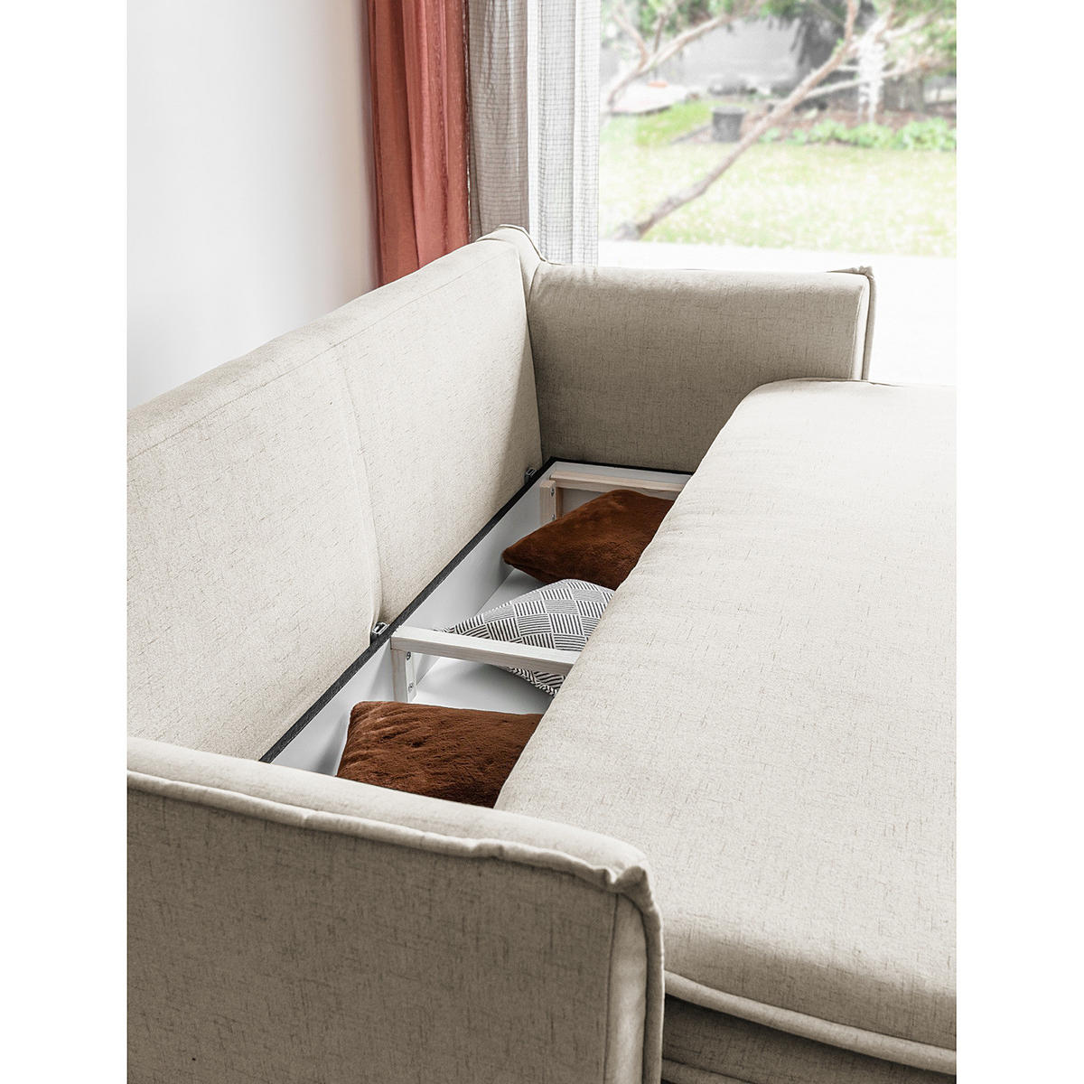 SCHLAFSOFA mit Holzfüßen - Webstoff - Beige/Buchefarben, Buchenholz/Textil (225/85/90cm) - home24