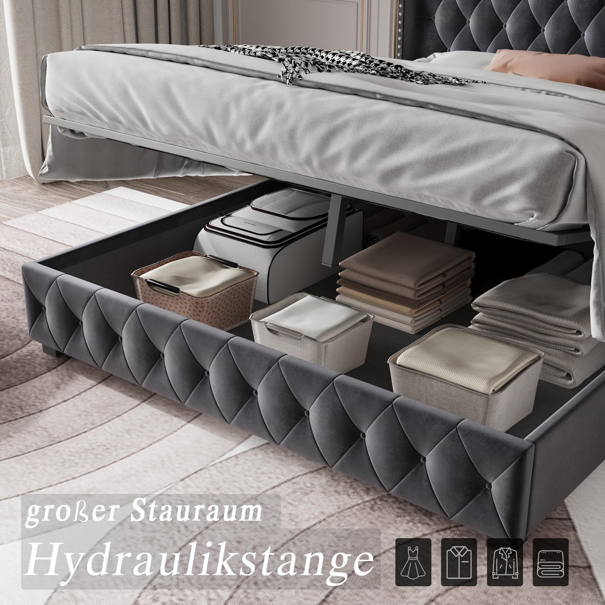 POLSTERBETT 140/200 cm, mit hydraulischem Stauraum, Lattenrost, Nietenverzierung, gepolstertesbett aus Samt, Grey - Grau, Holzwerkstoff (140/200cm) - Brevoria