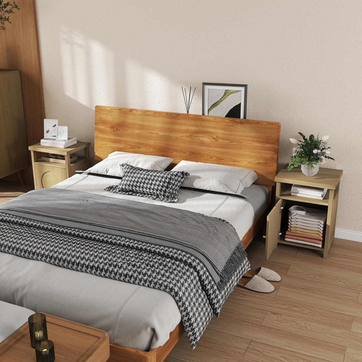 NACHTSCHRANK 2er-Set DE-12898 Rattantür und offenes Fach Braun - Braun, Holzwerkstoff (35/55/40cm) - ComfortXL