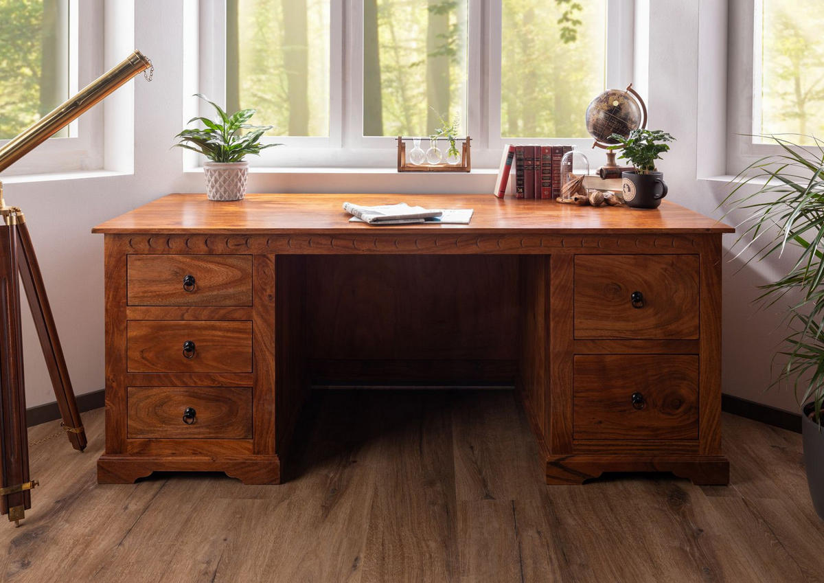 SCHREIBTISCH Akazie 180x80x74 honig lackiert OXFORD #0529 - Braun, Holz (80/180/74cm) - Massivmoebel24